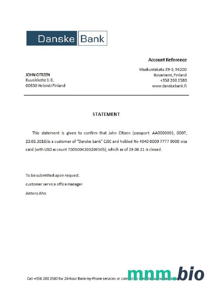 Finland Danske closure reference example in Word and PDF formats